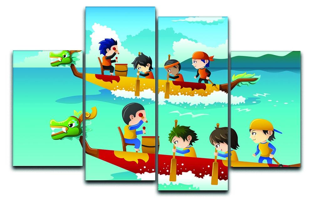 Happy kids in a boat race 4 Split Panel Canvas  - Canvas Art Rocks - 1