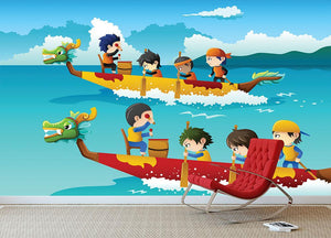 Happy kids in a boat race Wall Mural Wallpaper - Canvas Art Rocks - 3