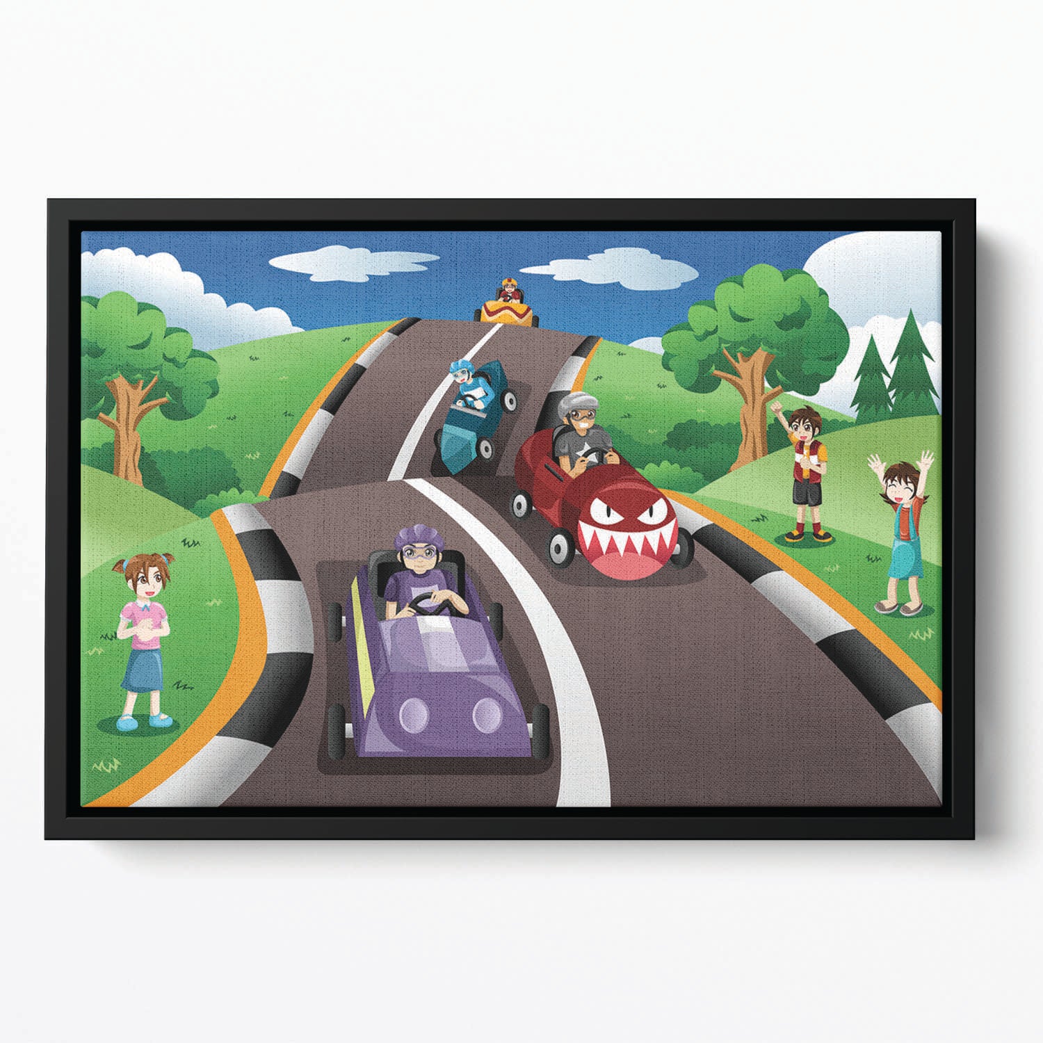 Happy kids in a box car race Floating Framed Canvas
