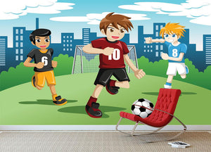 Happy kids playing soccer Wall Mural Wallpaper - Canvas Art Rocks - 2