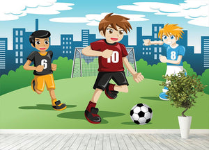 Happy kids playing soccer Wall Mural Wallpaper - Canvas Art Rocks - 4