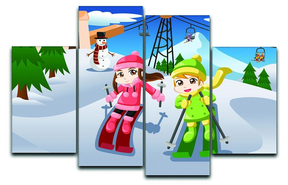 Happy kids skiing together 4 Split Panel Canvas  - Canvas Art Rocks - 1