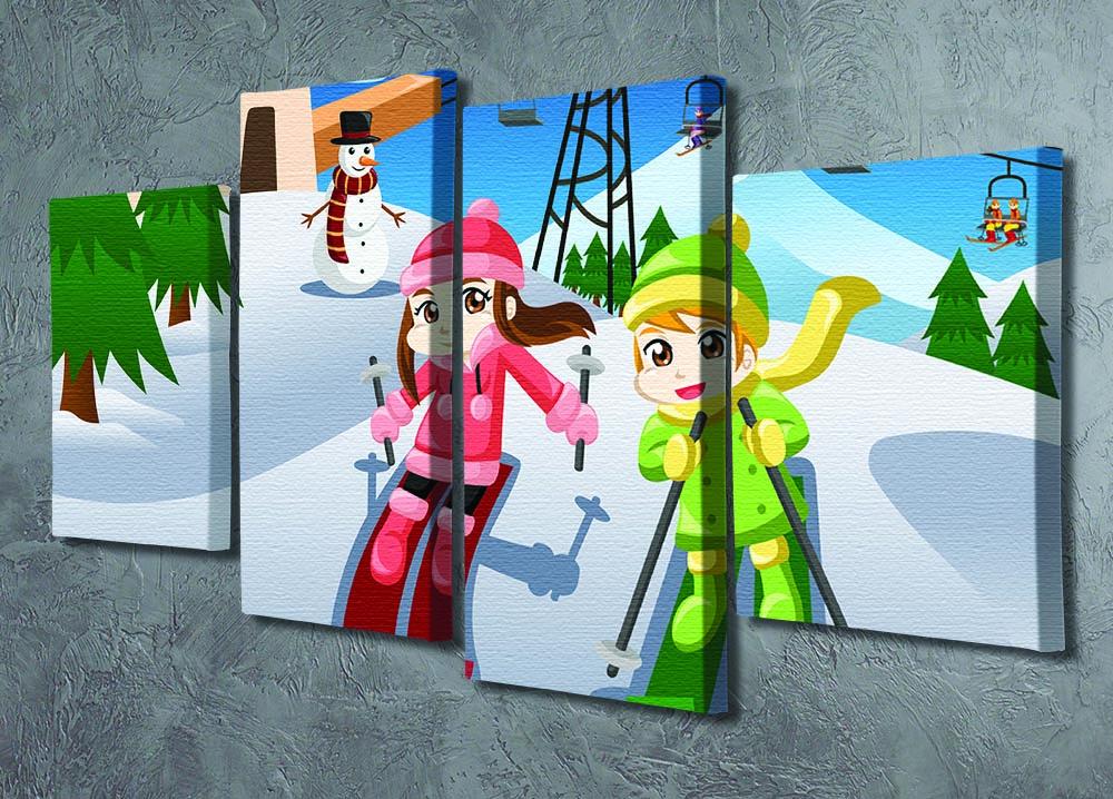Happy kids skiing together 4 Split Panel Canvas - Canvas Art Rocks - 2