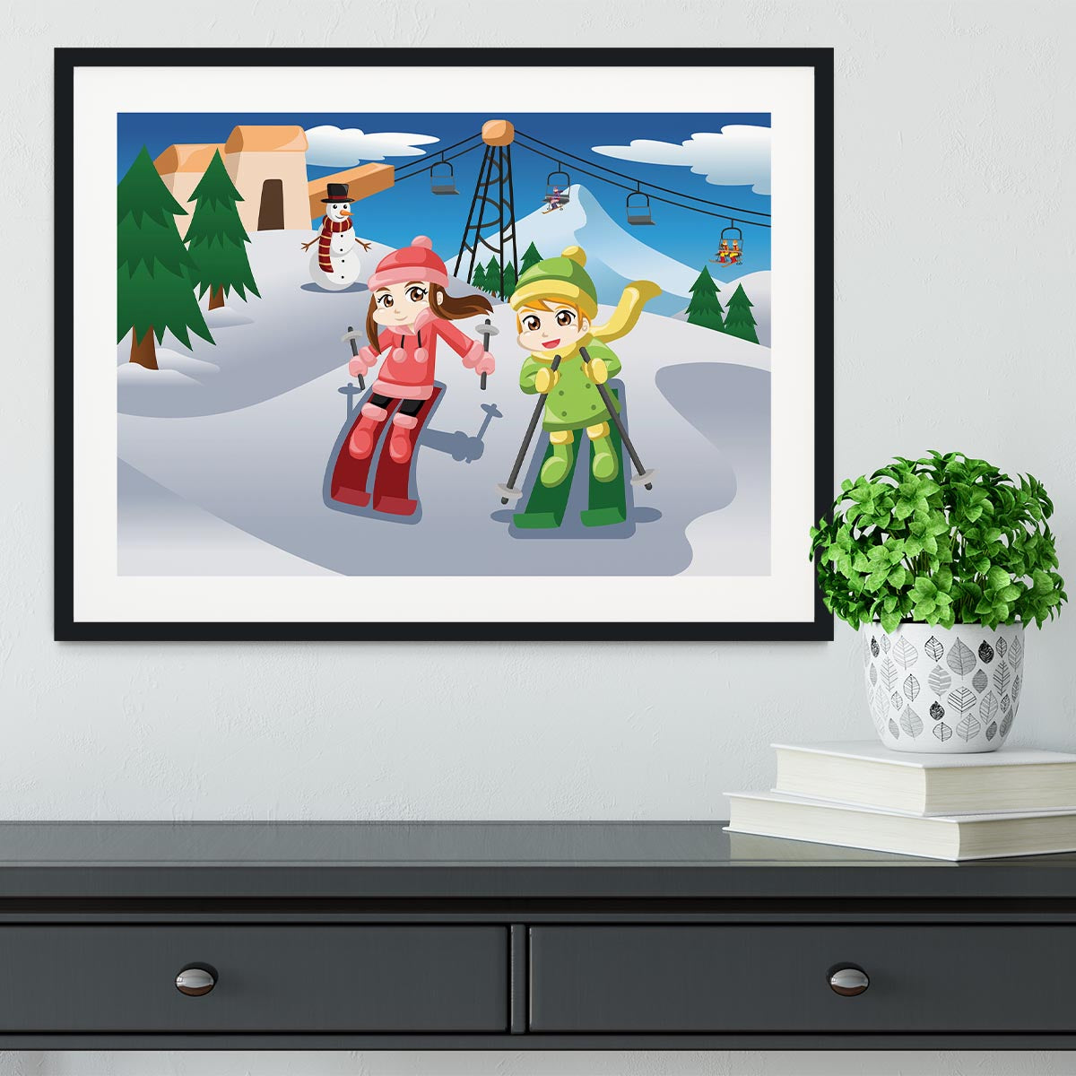 Happy kids skiing together Framed Print - Canvas Art Rocks - 1