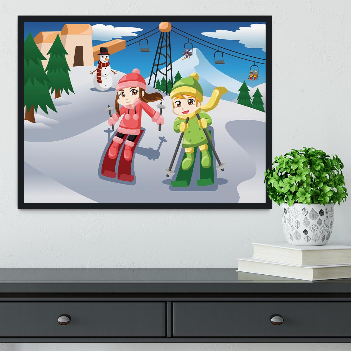 Happy kids skiing together Framed Print - Canvas Art Rocks - 2