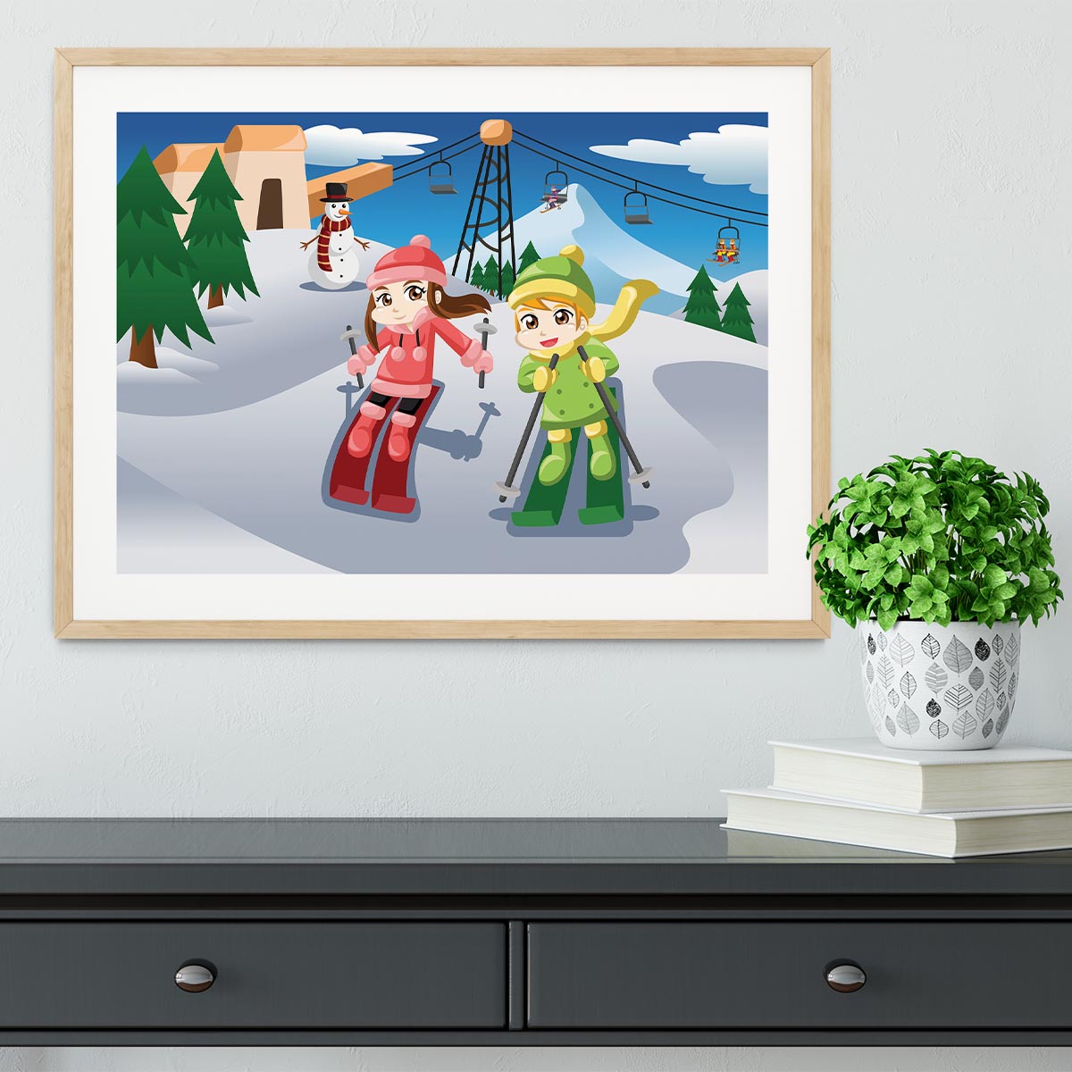Happy kids skiing together Framed Print - Canvas Art Rocks - 3