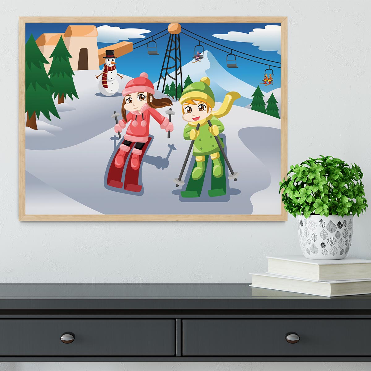 Happy kids skiing together Framed Print - Canvas Art Rocks - 4
