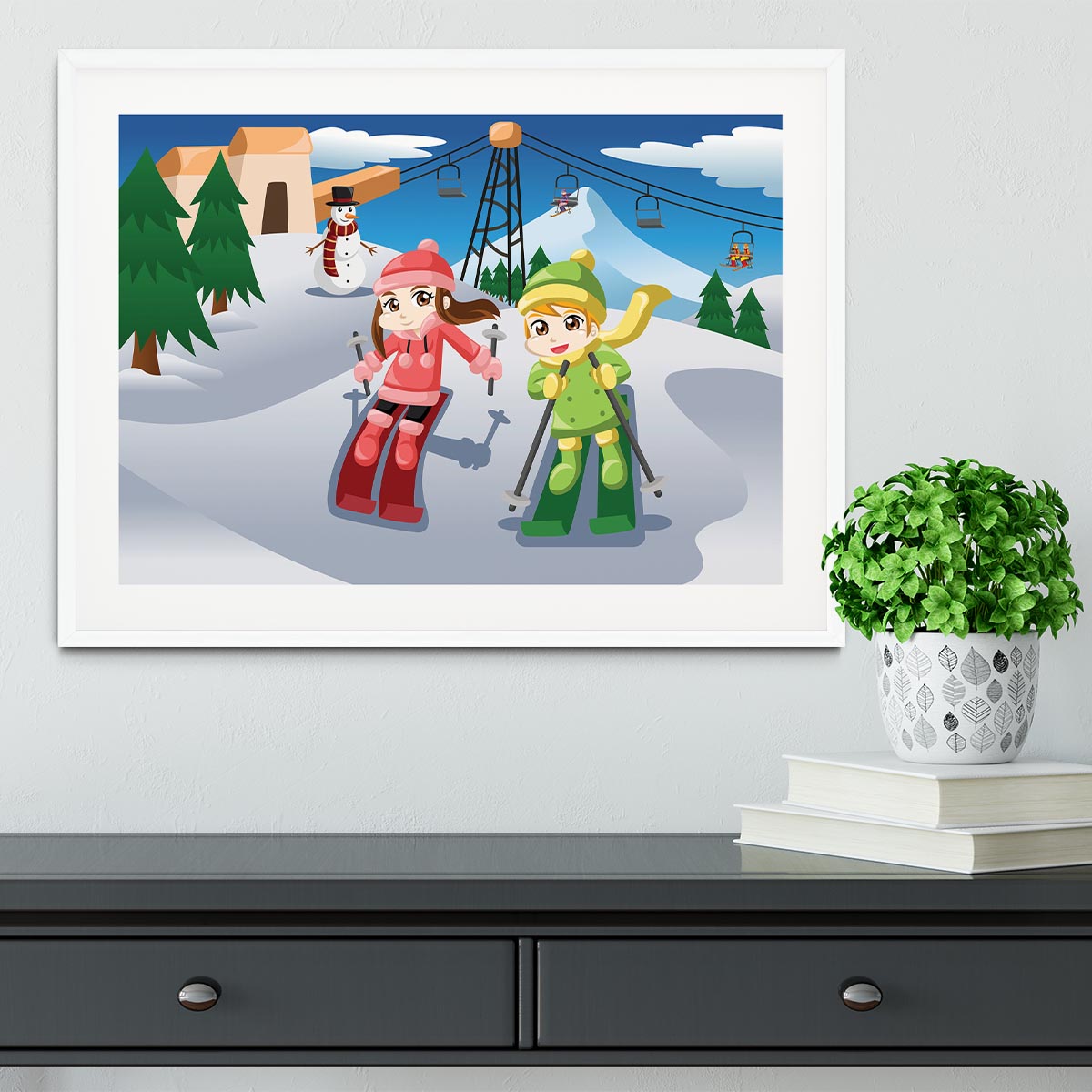 Happy kids skiing together Framed Print - Canvas Art Rocks - 5