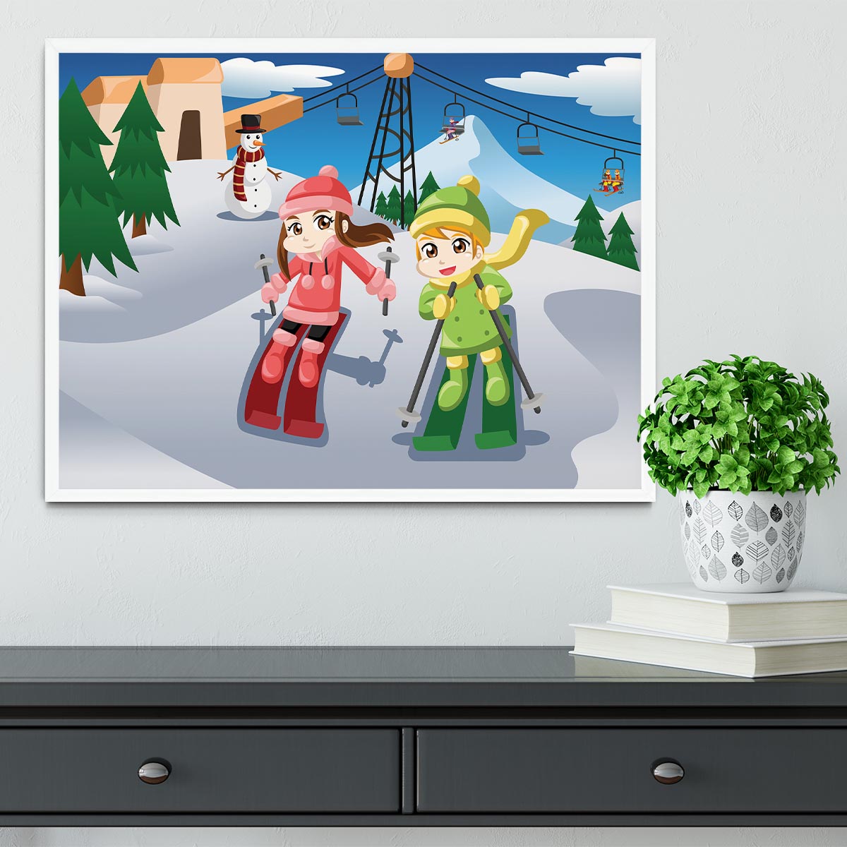 Happy kids skiing together Framed Print - Canvas Art Rocks -6