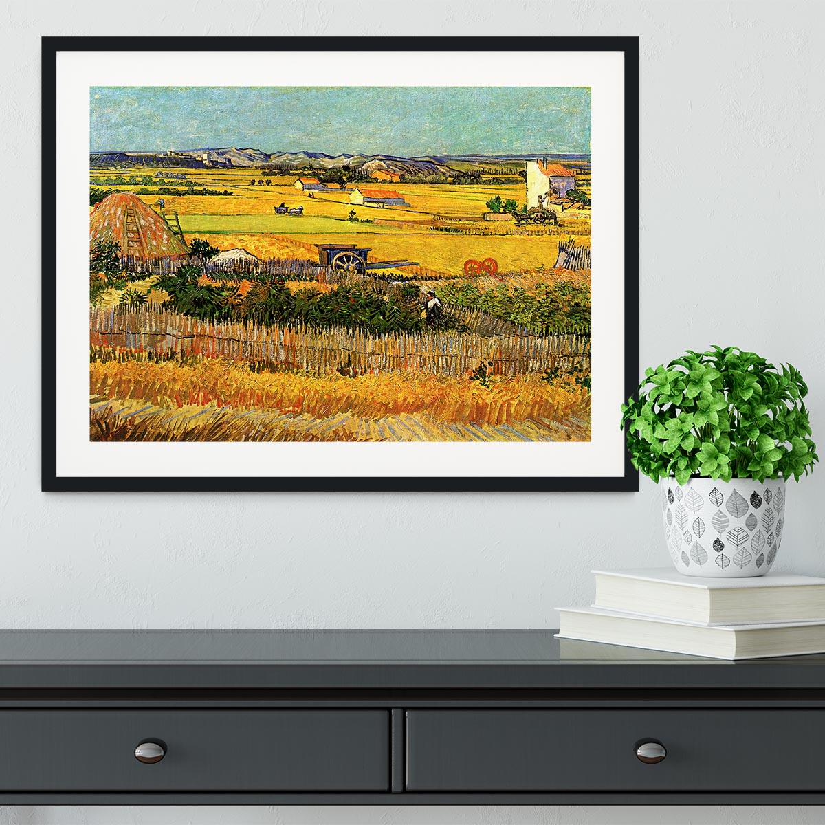 Harvest at La Crau with Montmajour in the Background by Van Gogh Framed Print - Canvas Art Rocks - 1