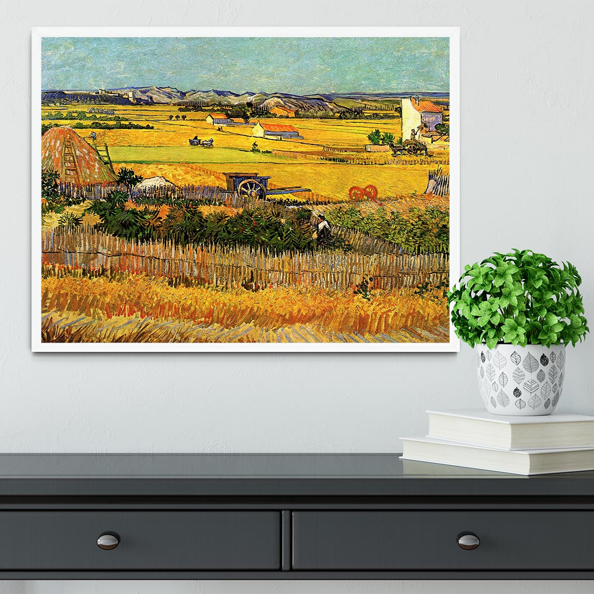 Harvest at La Crau with Montmajour in the Background by Van Gogh Framed Print - Canvas Art Rocks -6