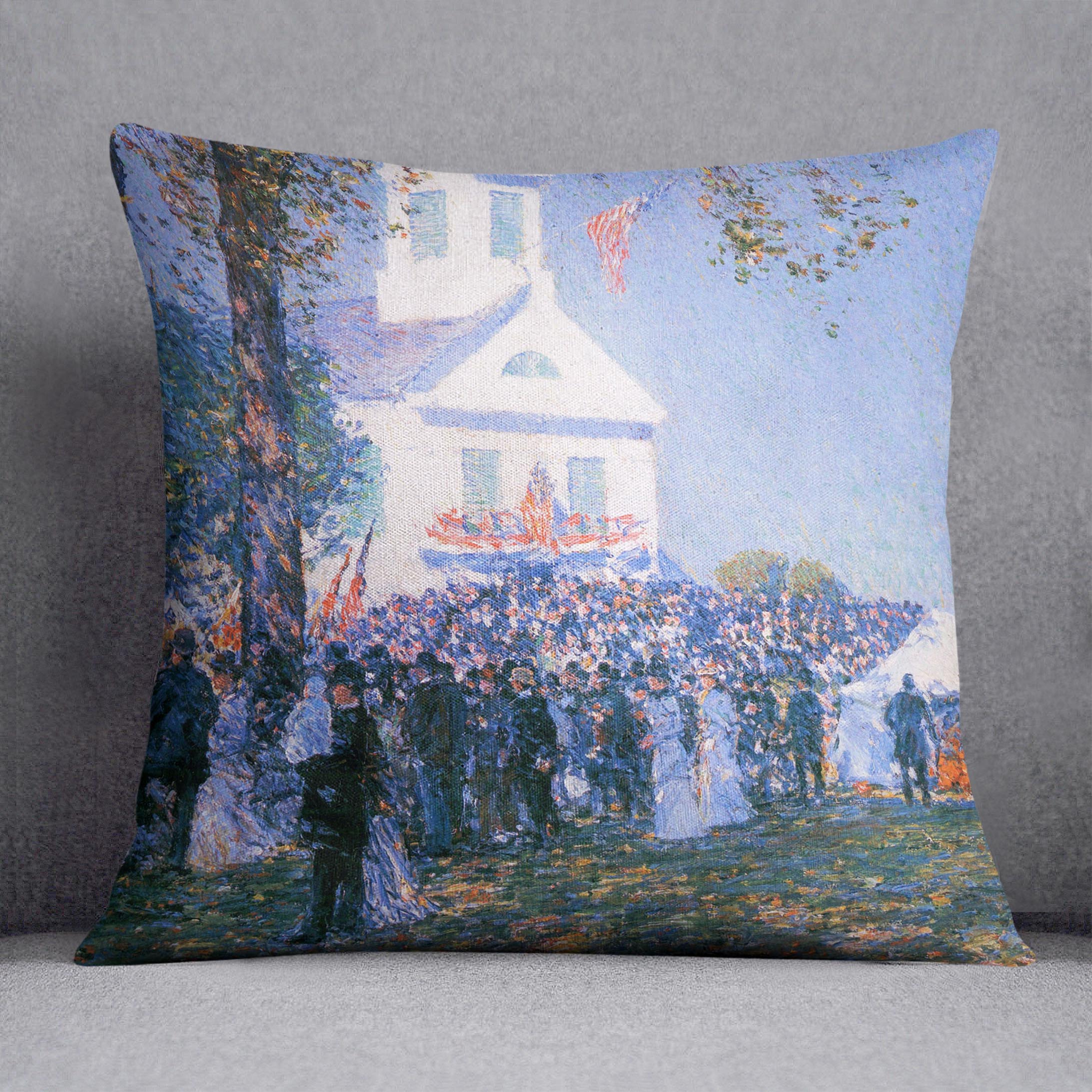Harvest in a village in New England by Hassam Cushion - Canvas Art Rocks - 1