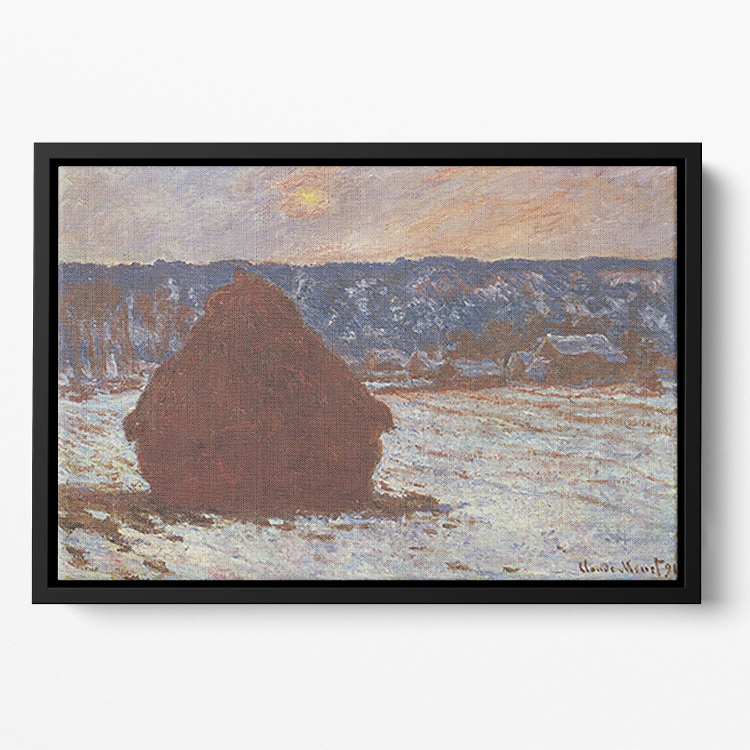 Haystacks snow covered the sky by Monet Floating Framed Canvas