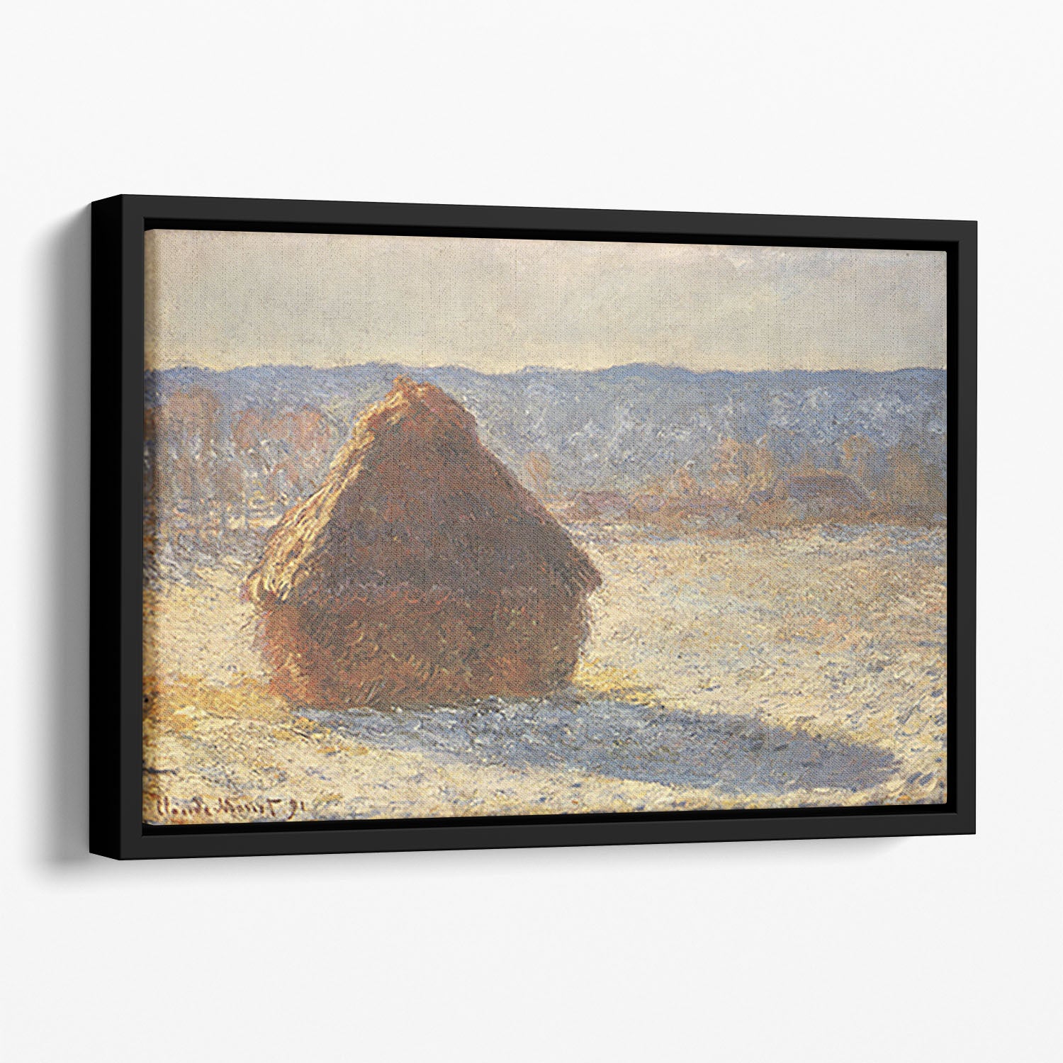 Haystacks snow morning by Monet Floating Framed Canvas