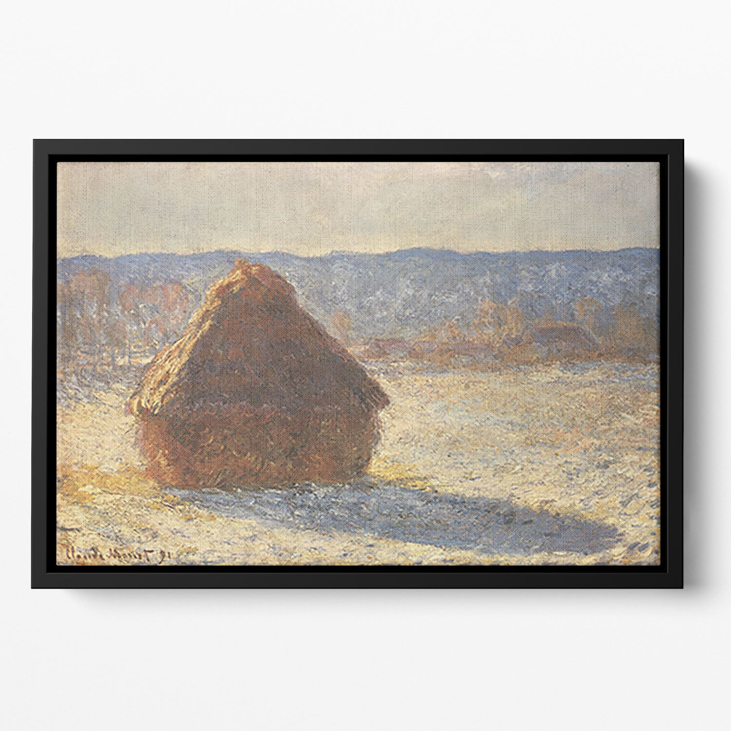 Haystacks snow morning by Monet Floating Framed Canvas