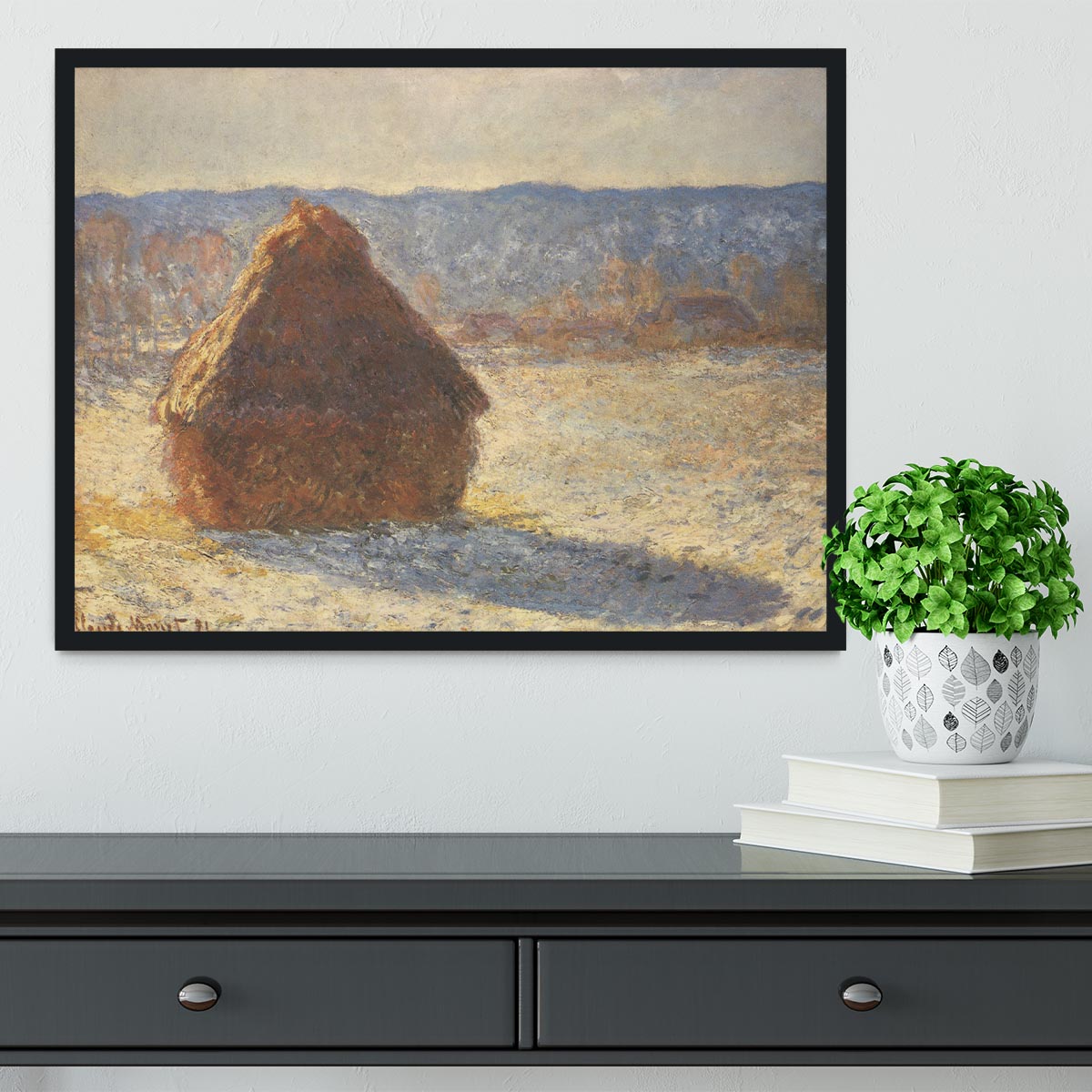 Haystacks snow morning by Monet Framed Print - Canvas Art Rocks - 2