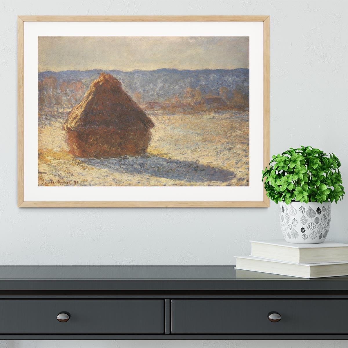 Haystacks snow morning by Monet Framed Print - Canvas Art Rocks - 3