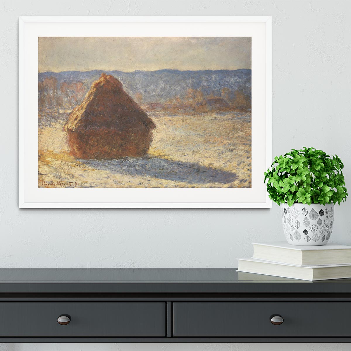 Haystacks snow morning by Monet Framed Print - Canvas Art Rocks - 5