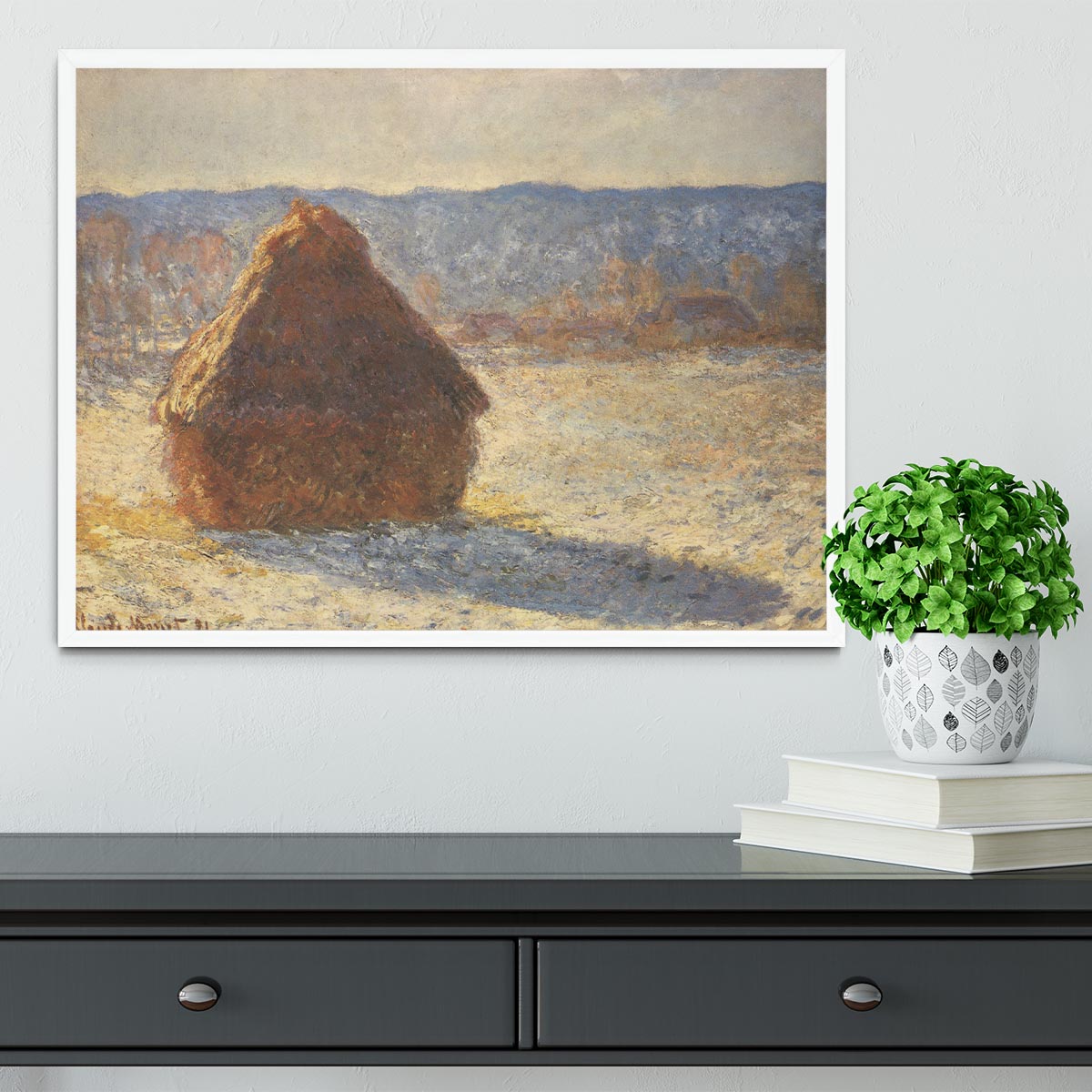 Haystacks snow morning by Monet Framed Print - Canvas Art Rocks -6