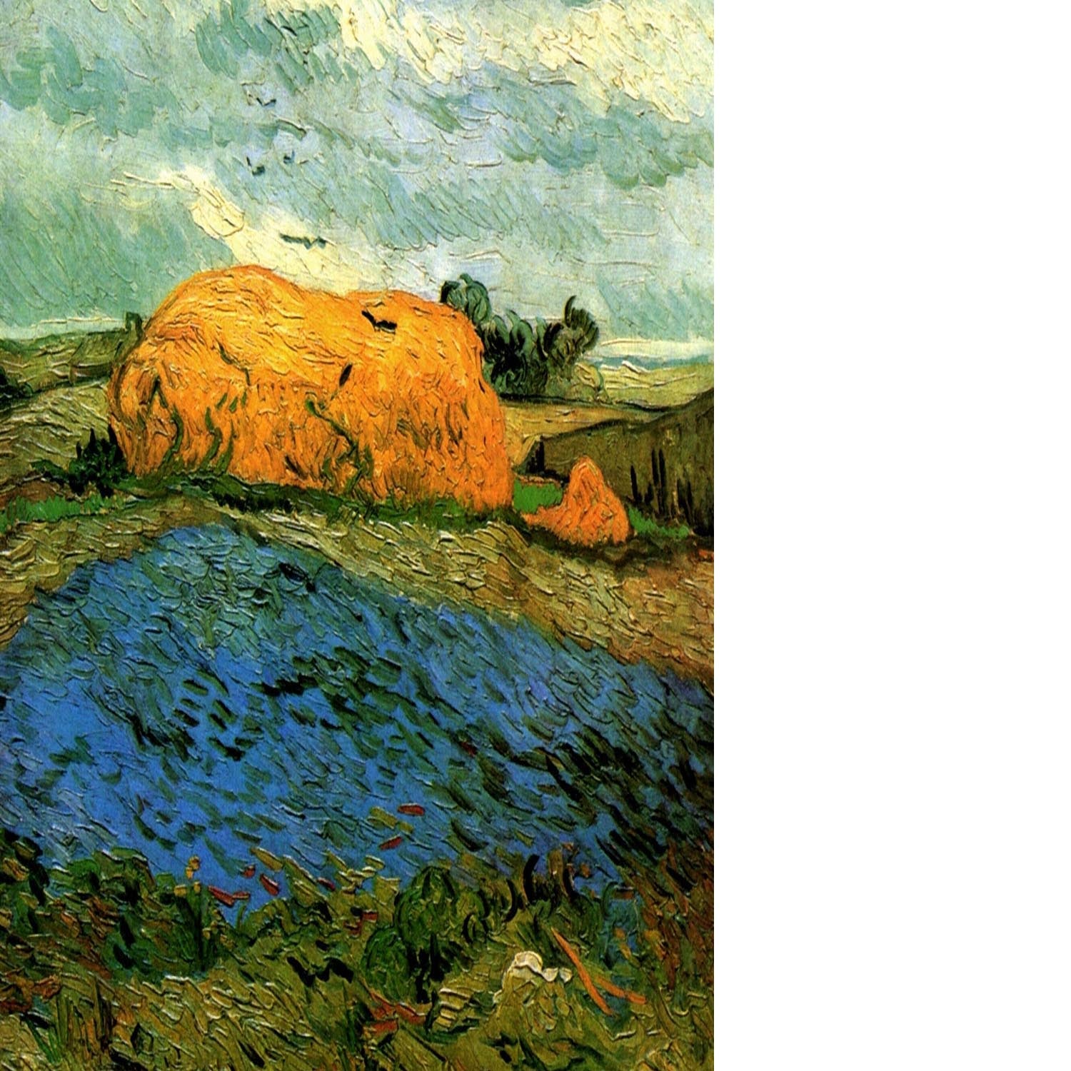 Haystacks under a Rainy Sky by Van Gogh Floating Framed Canvas