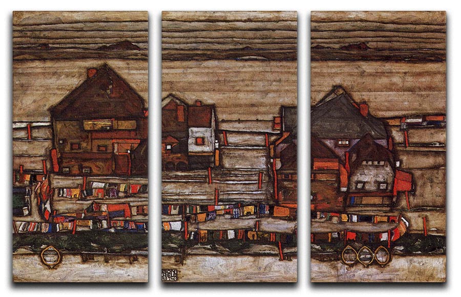 Houses with laundry lines and suburban by Egon Schiele 3 Split Panel Canvas Print - Canvas Art Rocks - 1