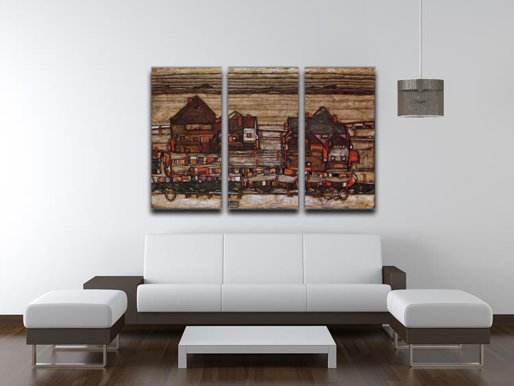 Houses with laundry lines and suburban by Egon Schiele 3 Split Panel Canvas Print - Canvas Art Rocks - 3
