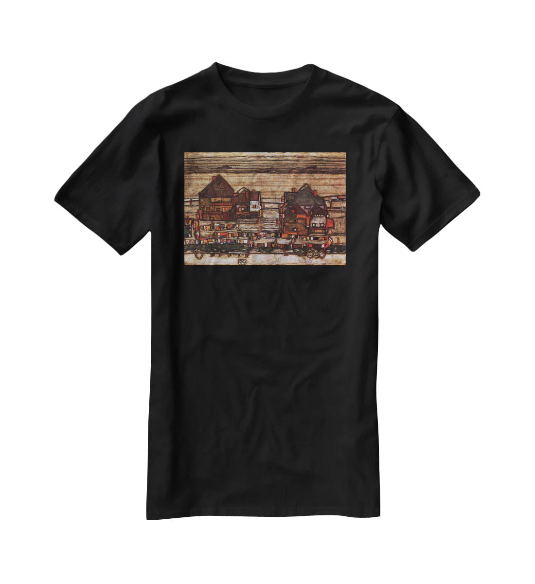 Houses with laundry lines and suburban by Egon Schiele T-Shirt - Canvas Art Rocks - 1