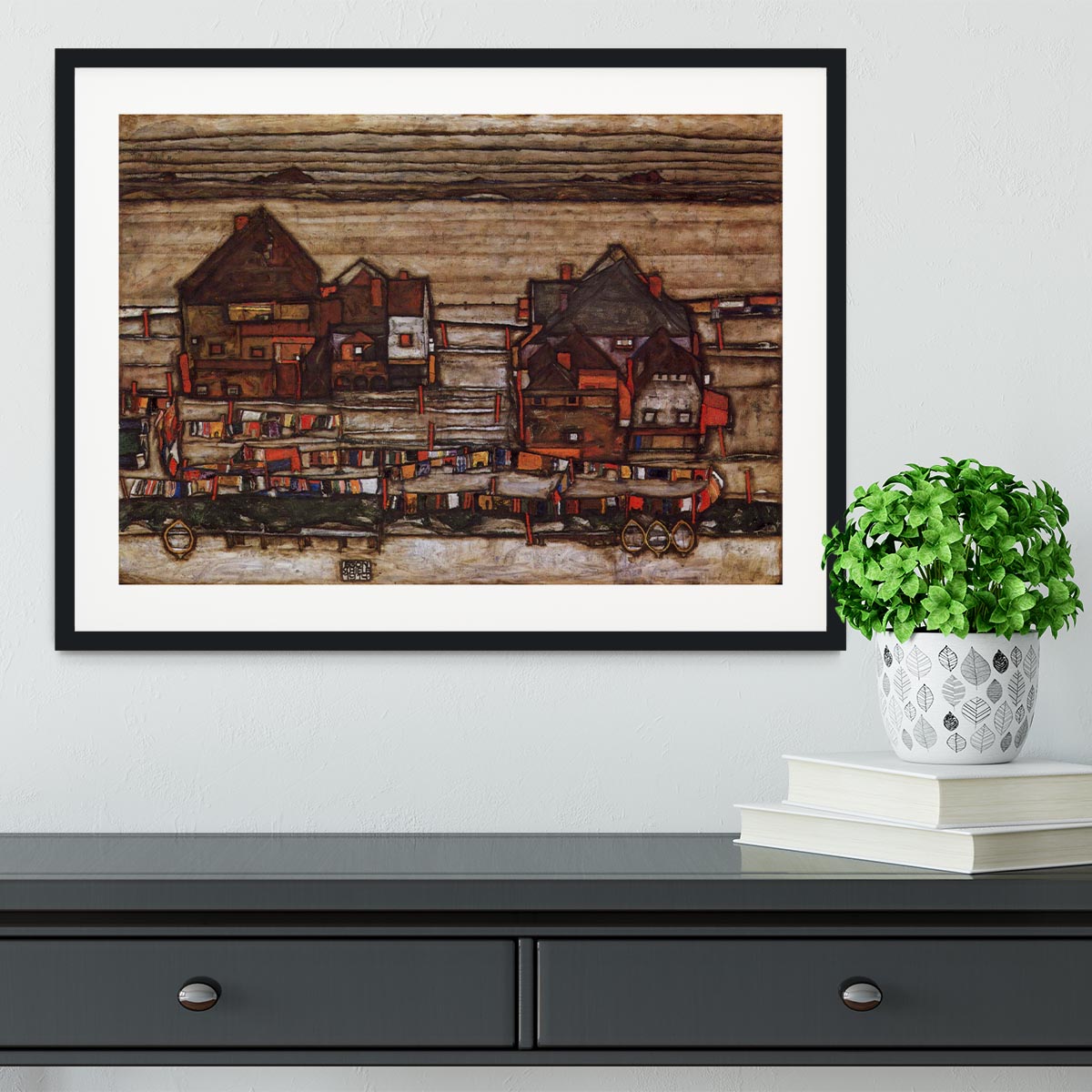 Houses with laundry lines and suburban by Egon Schiele Framed Print - Canvas Art Rocks - 1