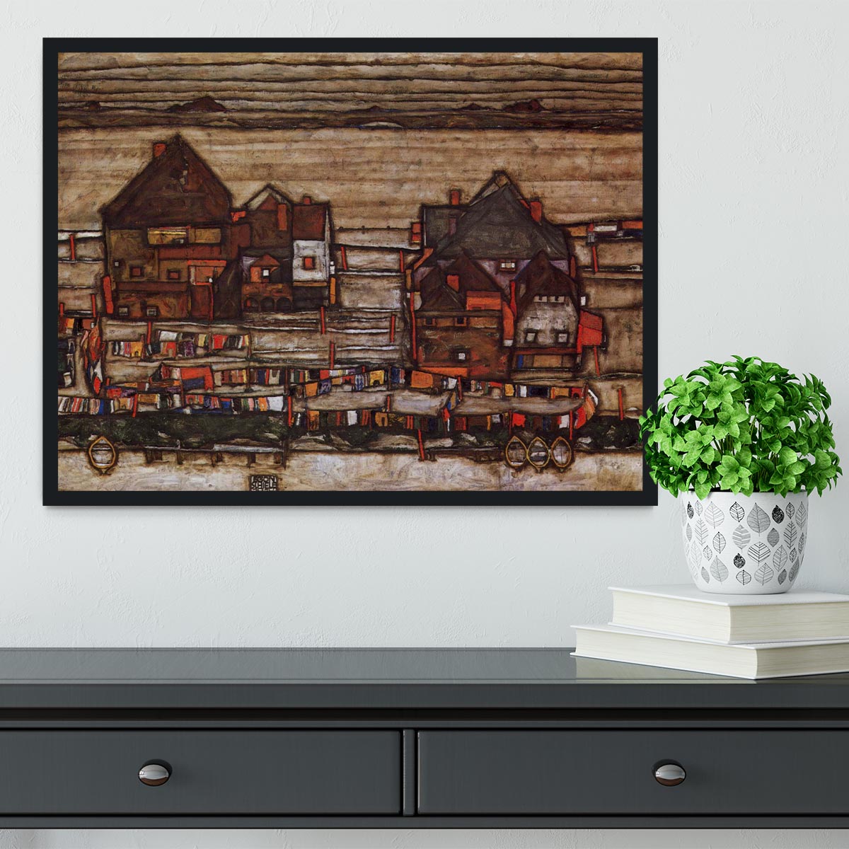 Houses with laundry lines and suburban by Egon Schiele Framed Print - Canvas Art Rocks - 2