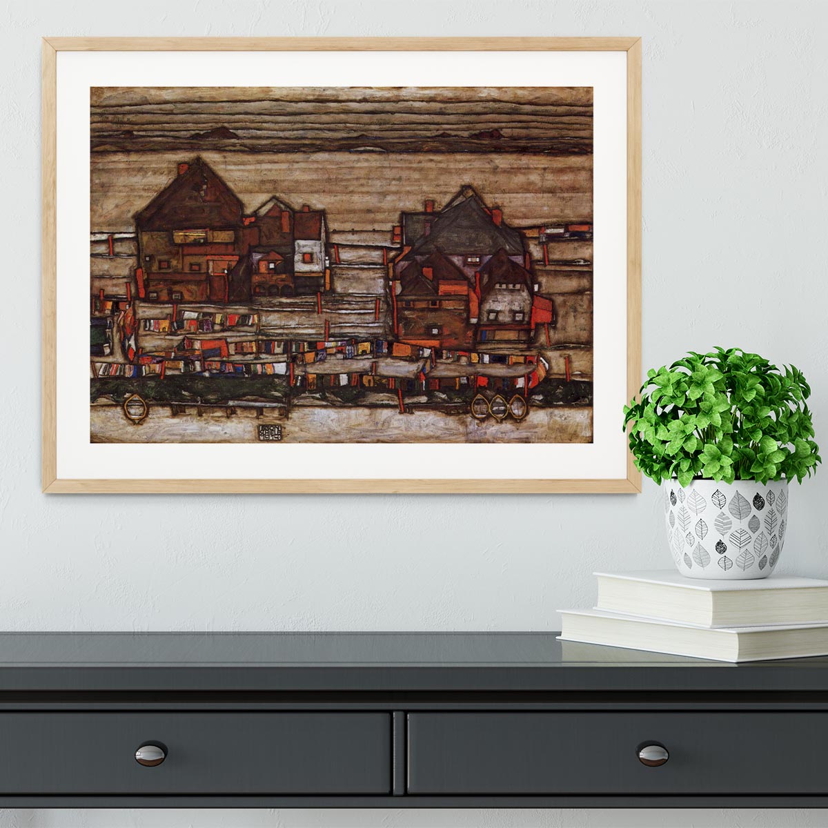 Houses with laundry lines and suburban by Egon Schiele Framed Print - Canvas Art Rocks - 3