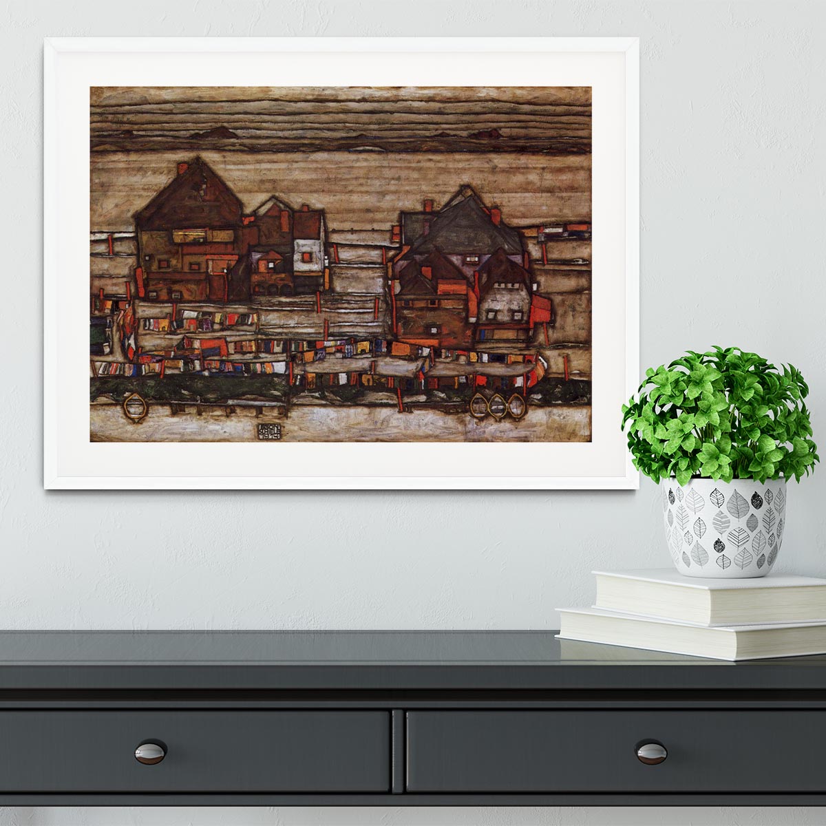 Houses with laundry lines and suburban by Egon Schiele Framed Print - Canvas Art Rocks - 5