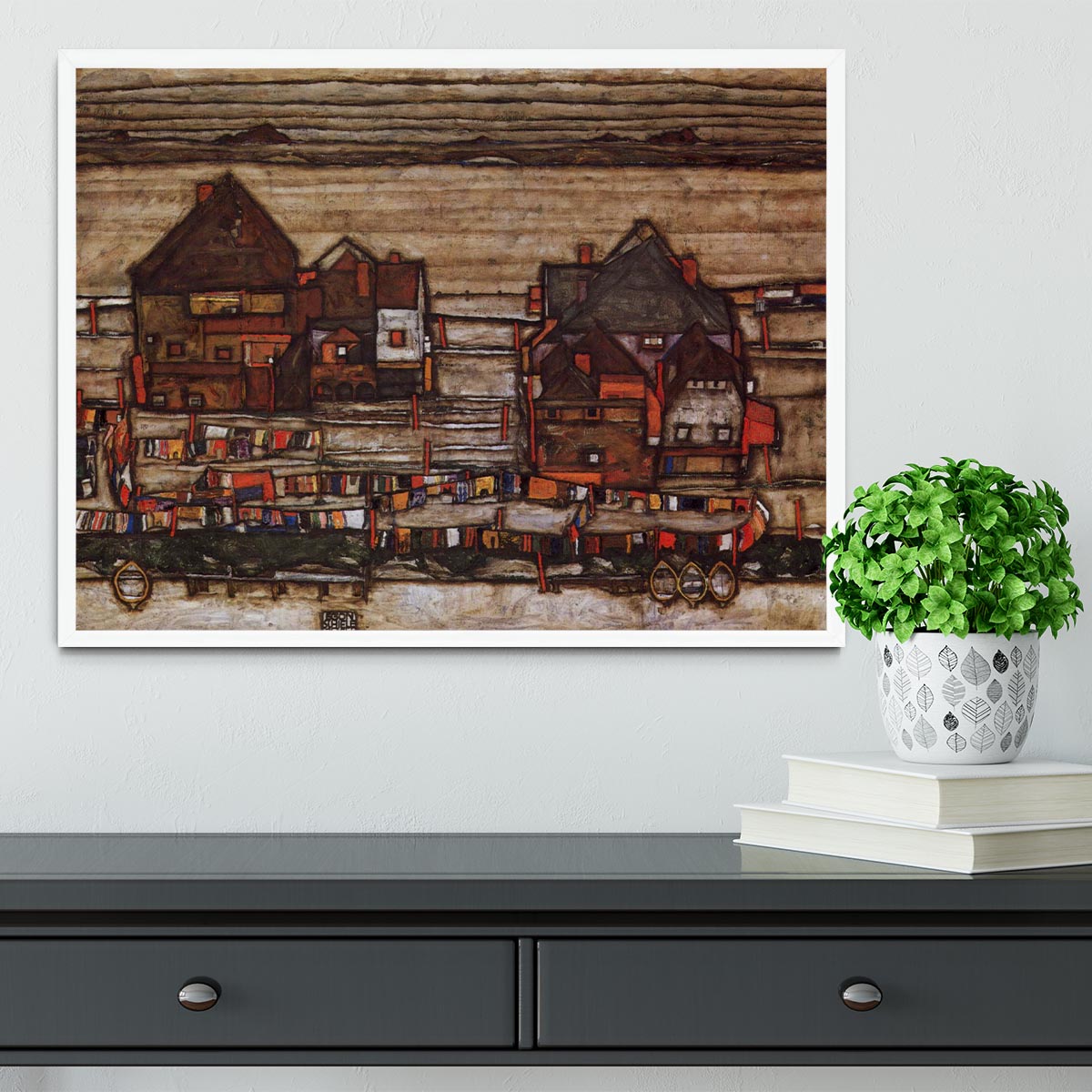 Houses with laundry lines and suburban by Egon Schiele Framed Print - Canvas Art Rocks -6