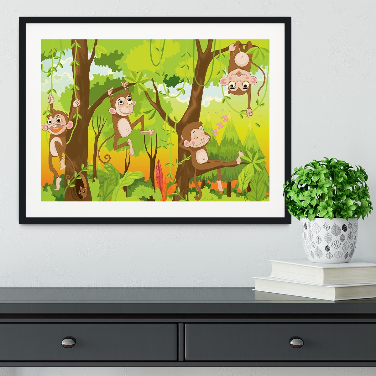 Illustration of a monkey in a jungle Framed Print - Canvas Art Rocks - 1