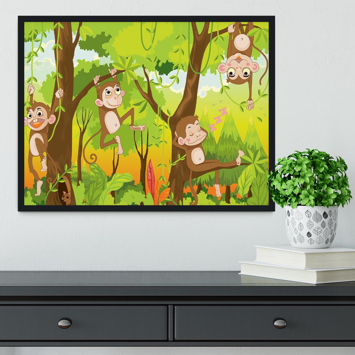 Illustration of a monkey in a jungle Framed Print - Canvas Art Rocks - 2