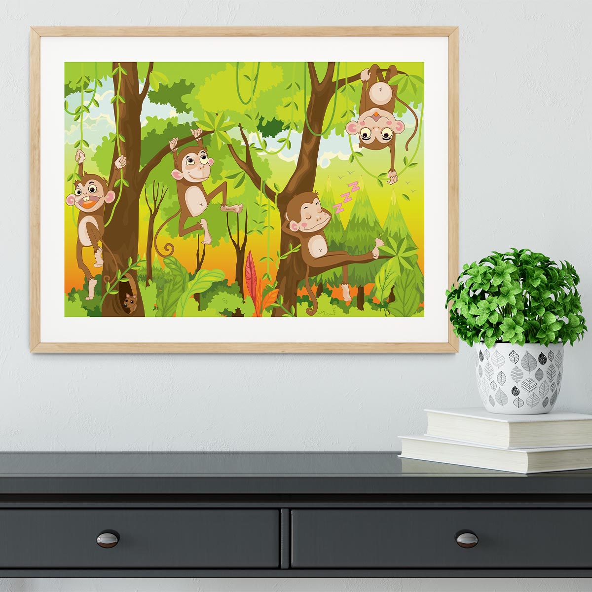 Illustration of a monkey in a jungle Framed Print - Canvas Art Rocks - 3