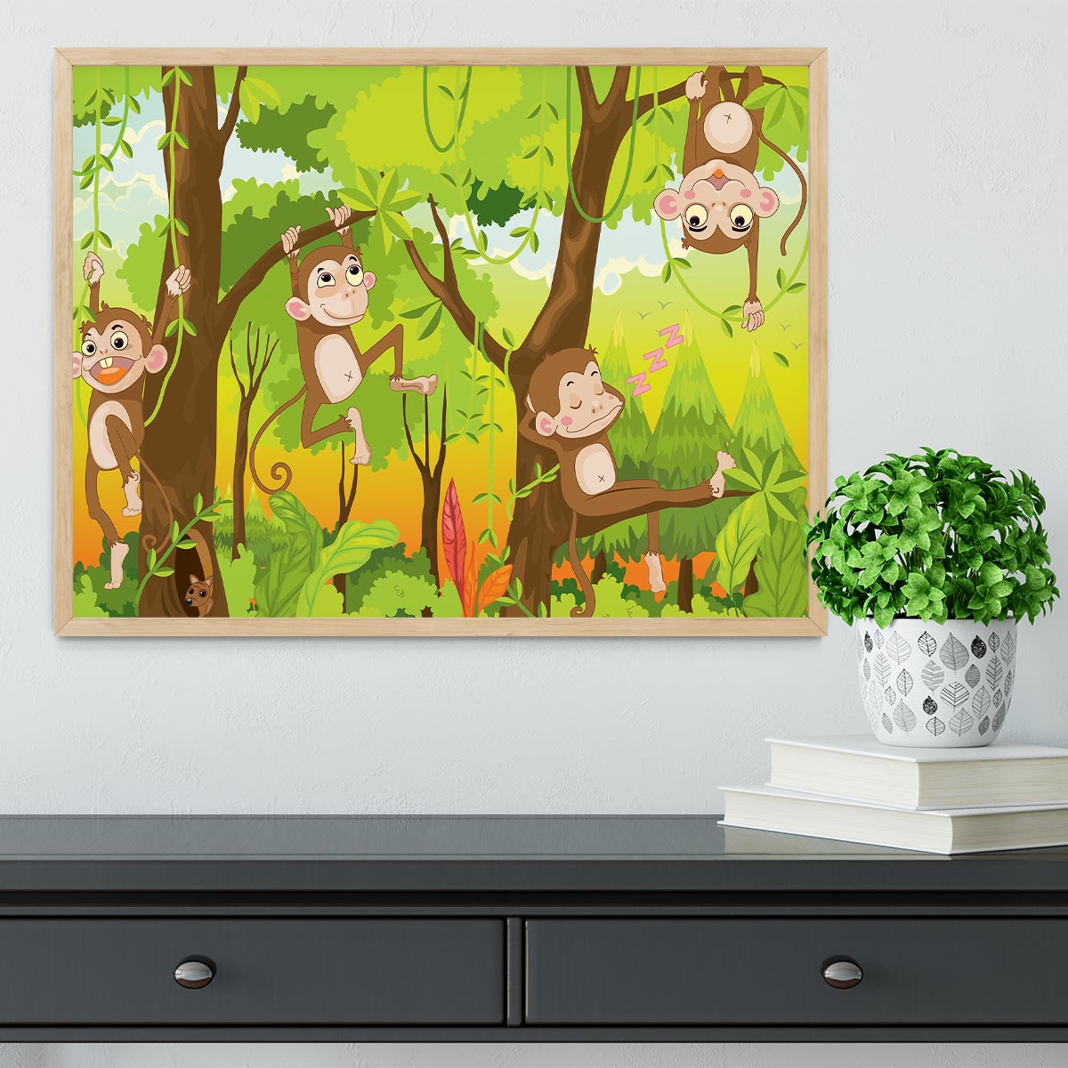 Illustration of a monkey in a jungle Framed Print - Canvas Art Rocks - 4