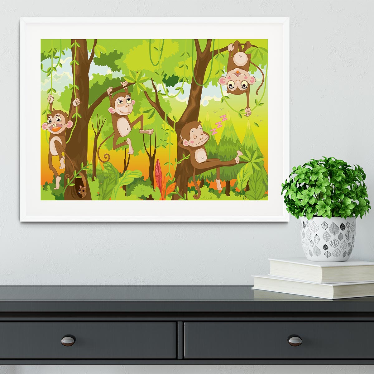 Illustration of a monkey in a jungle Framed Print - Canvas Art Rocks - 5