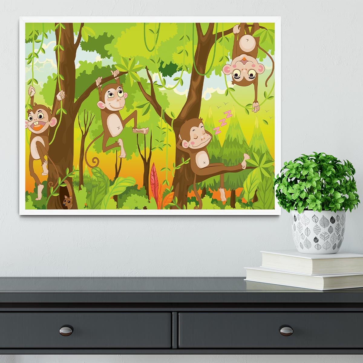 Illustration of a monkey in a jungle Framed Print - Canvas Art Rocks -6