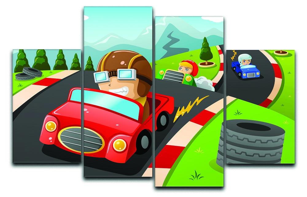 Illustration of happy kids in a car racing 4 Split Panel Canvas  - Canvas Art Rocks - 1