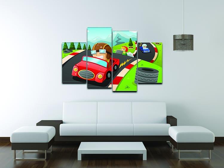Illustration of happy kids in a car racing 4 Split Panel Canvas - Canvas Art Rocks - 3