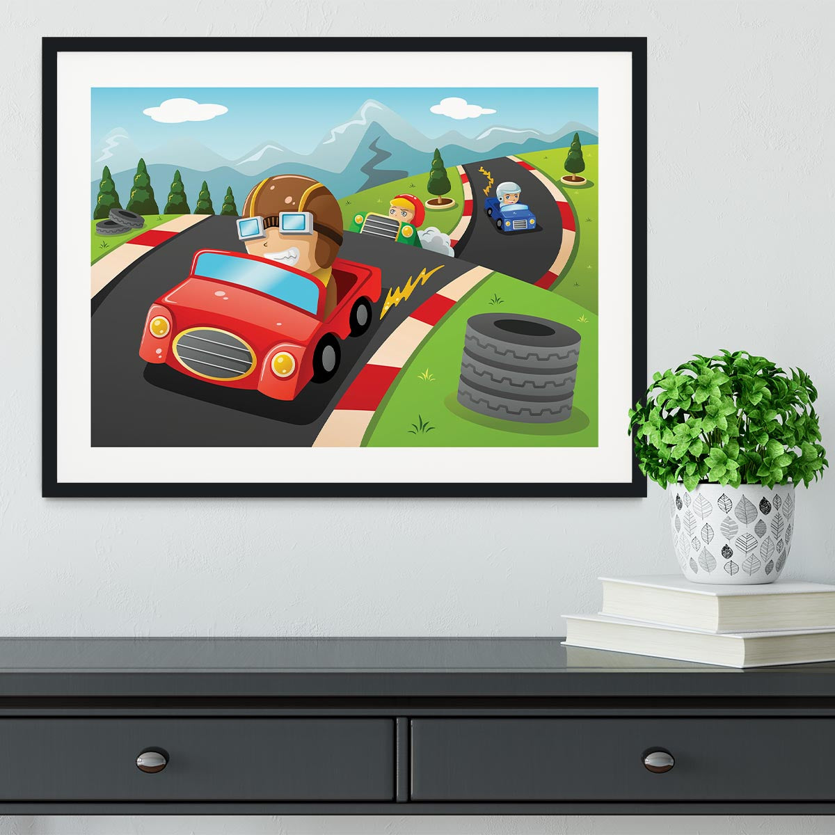Illustration of happy kids in a car racing Framed Print - Canvas Art Rocks - 1