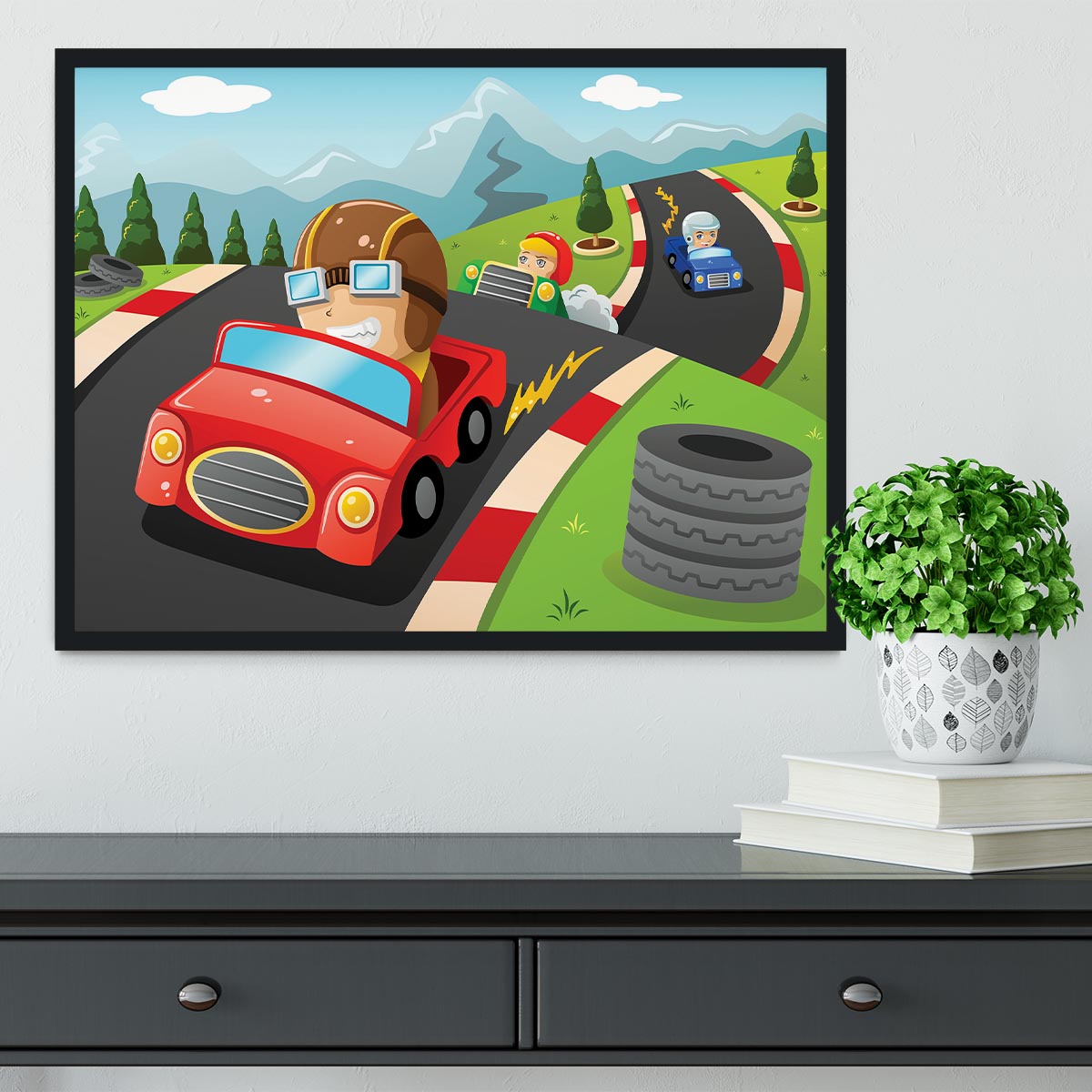 Illustration of happy kids in a car racing Framed Print - Canvas Art Rocks - 2