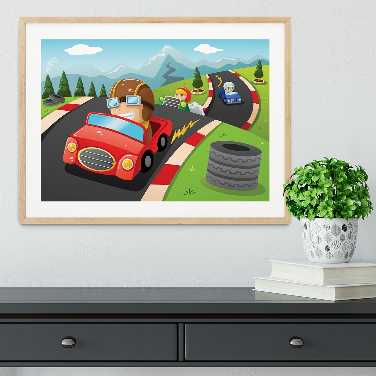 Illustration of happy kids in a car racing Framed Print - Canvas Art Rocks - 3