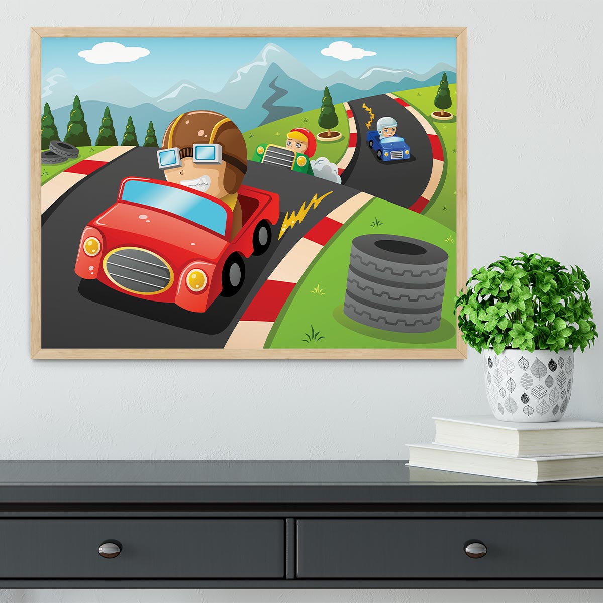 Illustration of happy kids in a car racing Framed Print - Canvas Art Rocks - 4