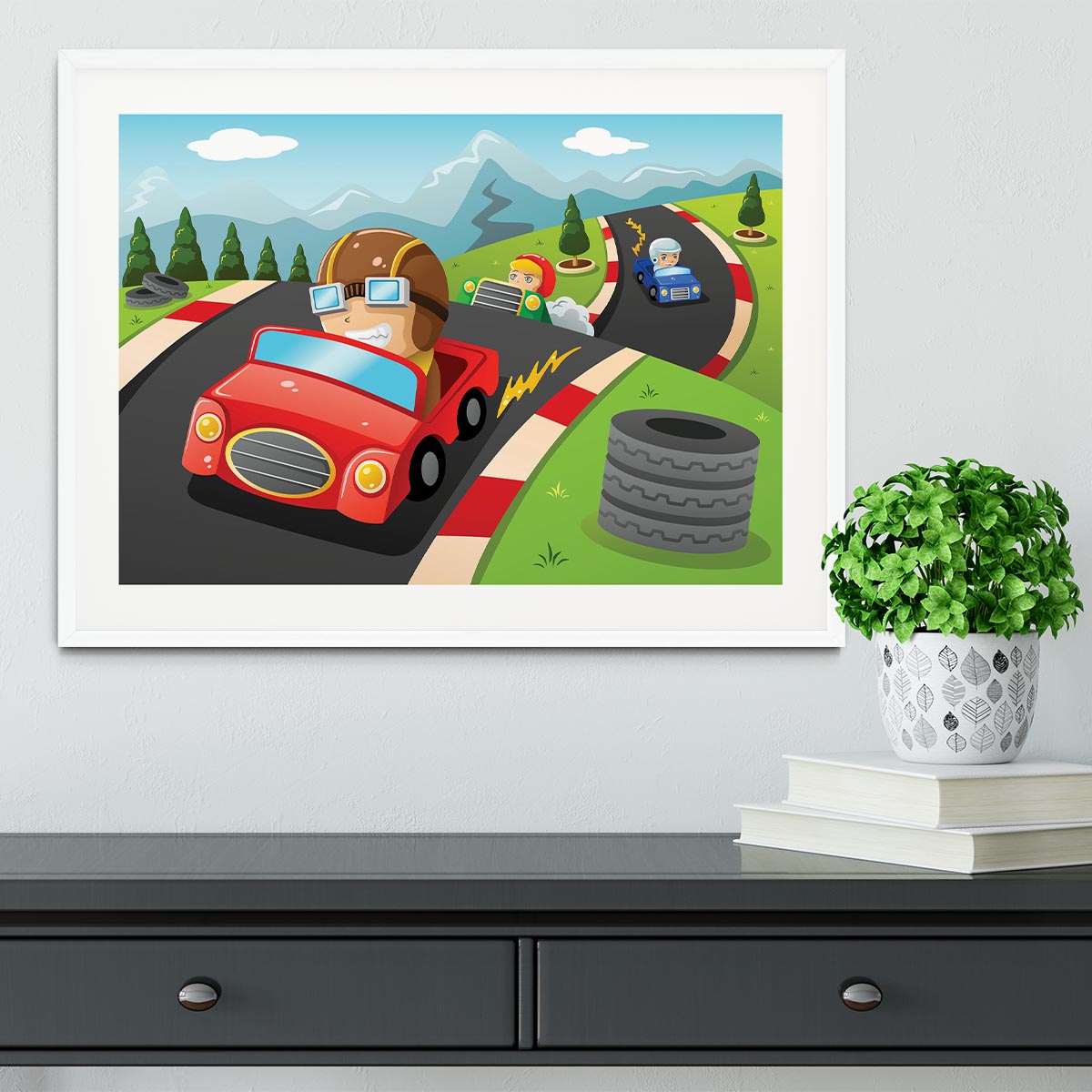Illustration of happy kids in a car racing Framed Print - Canvas Art Rocks - 5