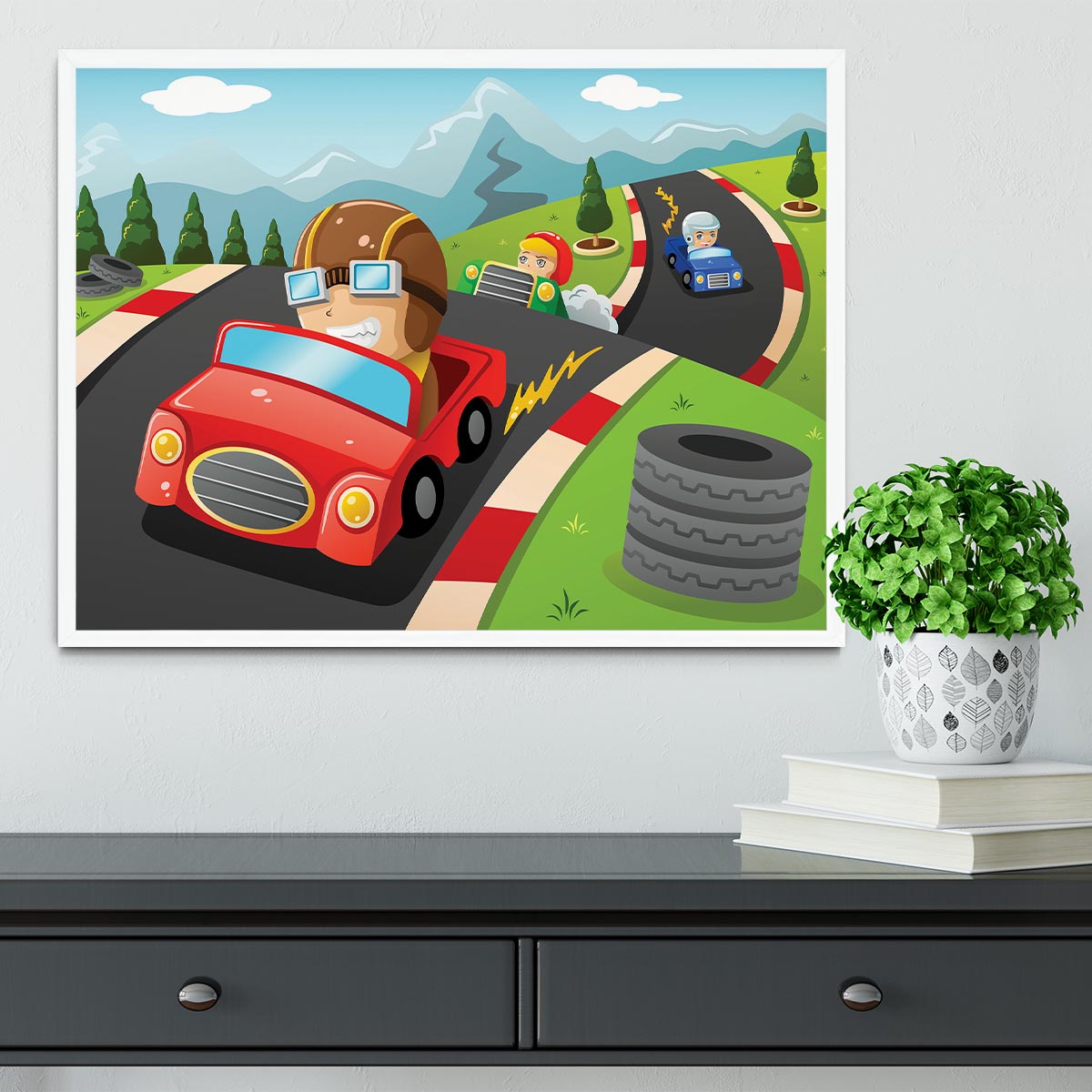 Illustration of happy kids in a car racing Framed Print - Canvas Art Rocks -6