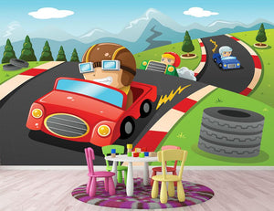 Illustration of happy kids in a car racing Wall Mural Wallpaper - Canvas Art Rocks - 2