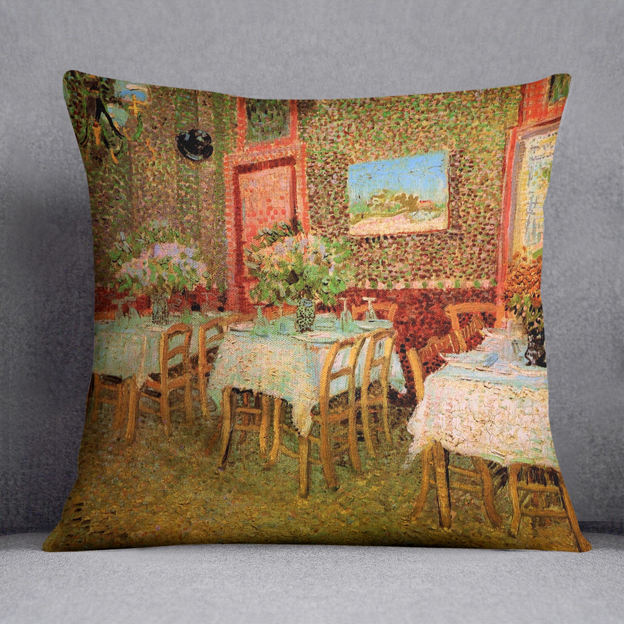 Interior of a restaurant by Van Gogh Cushion