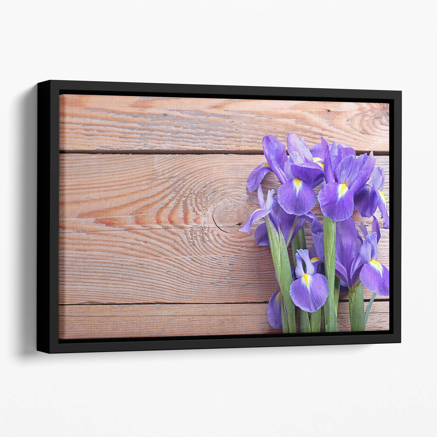 Iris on an old wooden background Floating Framed Canvas