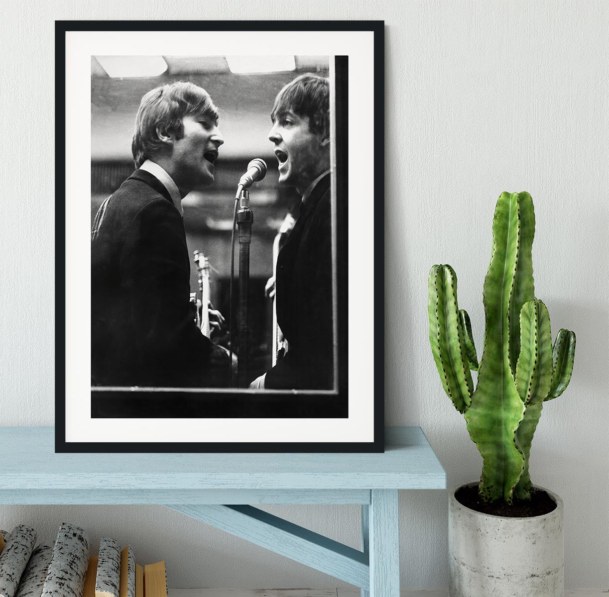 John Lennon and Paul McCartney in a recording studio Framed Print - Canvas Art Rocks - 1